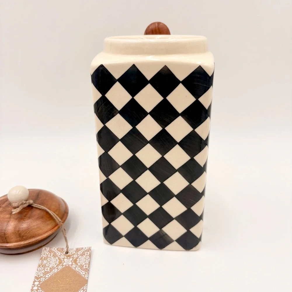 Hand Painted Black White Checkered Ceramic Canister with Wood Lid and Spoon